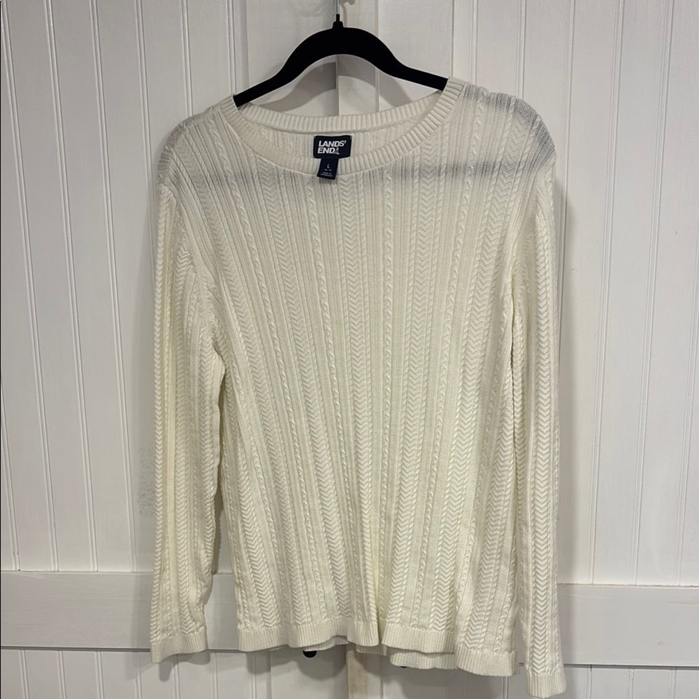 Lands' End Women's ribbed,crew neck Cream all season, lightweight Sweater size L